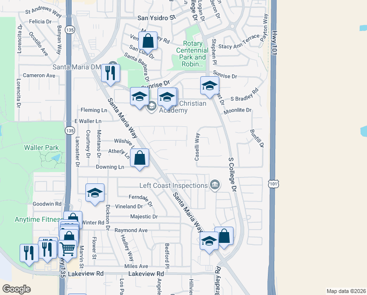 map of restaurants, bars, coffee shops, grocery stores, and more near 3115 Dian Drive in Santa Maria