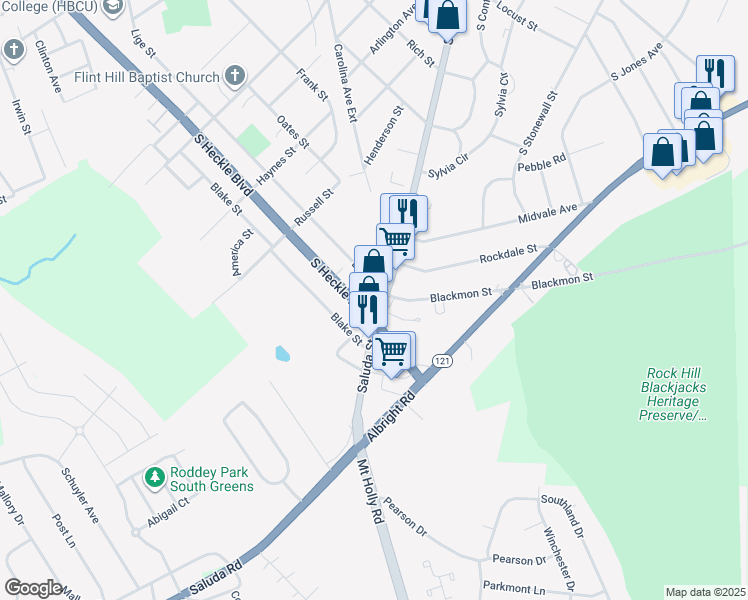 map of restaurants, bars, coffee shops, grocery stores, and more near 1302 Saluda Street in Rock Hill