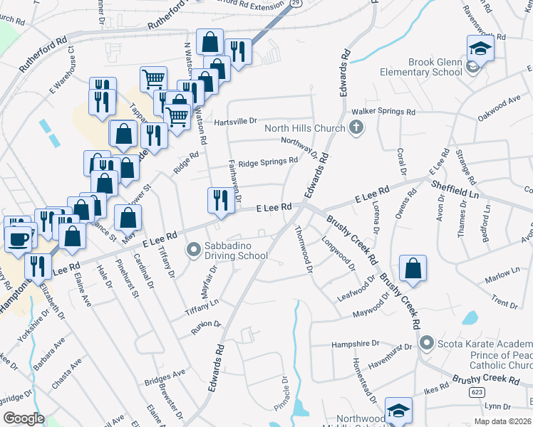 map of restaurants, bars, coffee shops, grocery stores, and more near 1114 East Lee Road in Taylors