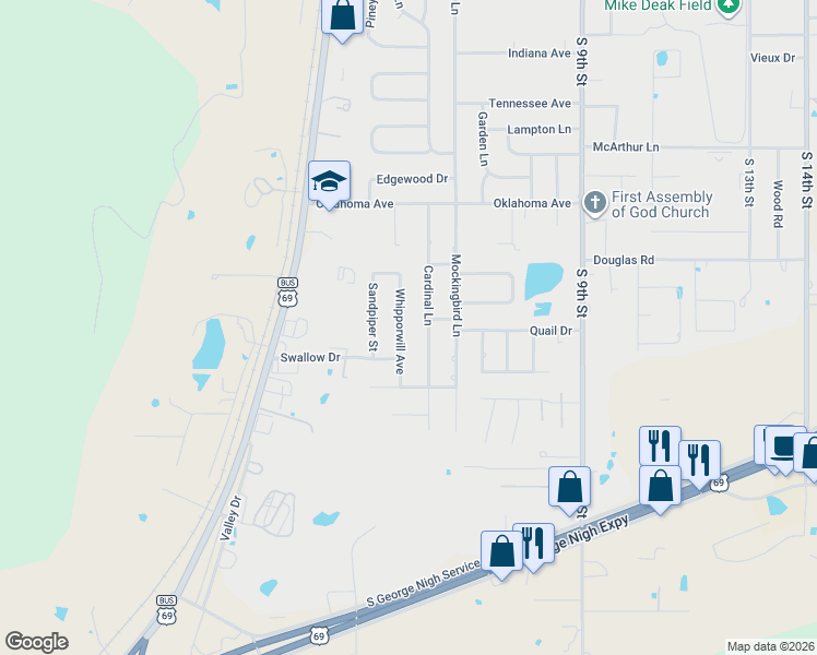 map of restaurants, bars, coffee shops, grocery stores, and more near 2003 Cardinal Lane in McAlester
