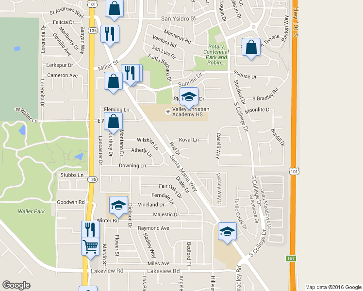 map of restaurants, bars, coffee shops, grocery stores, and more near 721 Richmind Court in Santa Maria