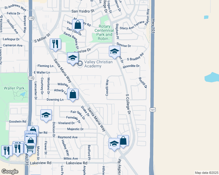 map of restaurants, bars, coffee shops, grocery stores, and more near 3056 Caselli Way in Santa Maria
