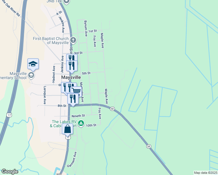 map of restaurants, bars, coffee shops, grocery stores, and more near 100 7th Street in Maysville