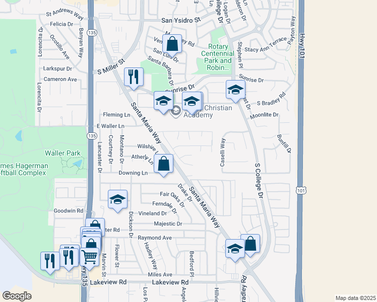 map of restaurants, bars, coffee shops, grocery stores, and more near 721 Richmind Court in Santa Maria
