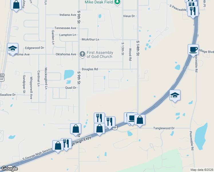 map of restaurants, bars, coffee shops, grocery stores, and more near 2108 Country Spring in McAlester