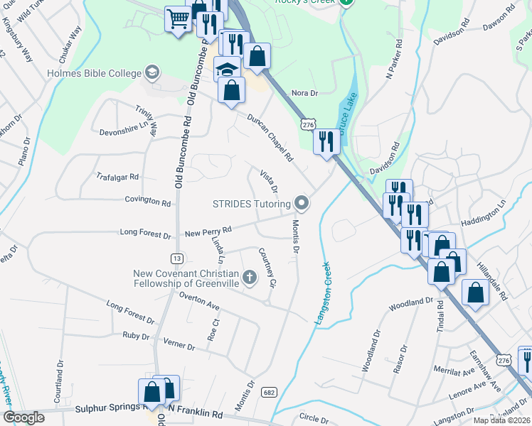 map of restaurants, bars, coffee shops, grocery stores, and more near 303 New Perry Road in Greenville