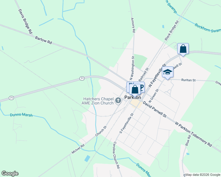 map of restaurants, bars, coffee shops, grocery stores, and more near 135 1st Street in Parkton
