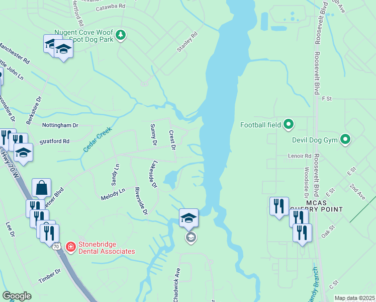 map of restaurants, bars, coffee shops, grocery stores, and more near 108 Crest Drive in Havelock