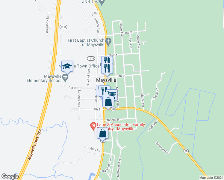 map of restaurants, bars, coffee shops, grocery stores, and more near 602 Mattocks Avenue in Maysville
