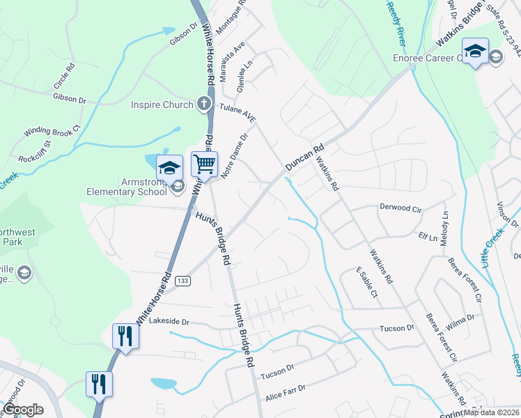 map of restaurants, bars, coffee shops, grocery stores, and more near 116 Duncan Road in Greenville