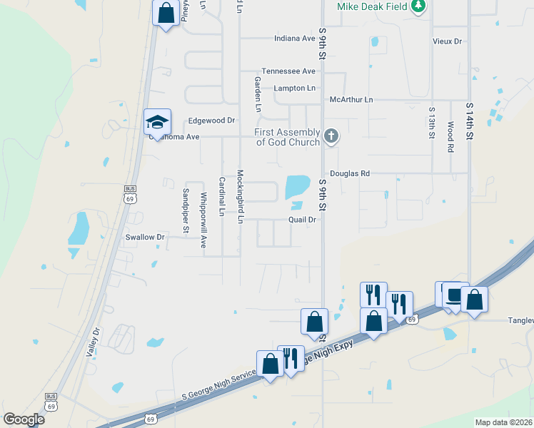 map of restaurants, bars, coffee shops, grocery stores, and more near 601 Quail Drive in McAlester