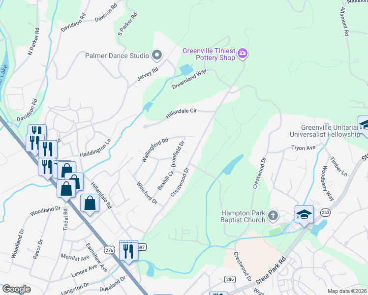 map of restaurants, bars, coffee shops, grocery stores, and more near 200 Dronfield Drive in Greenville