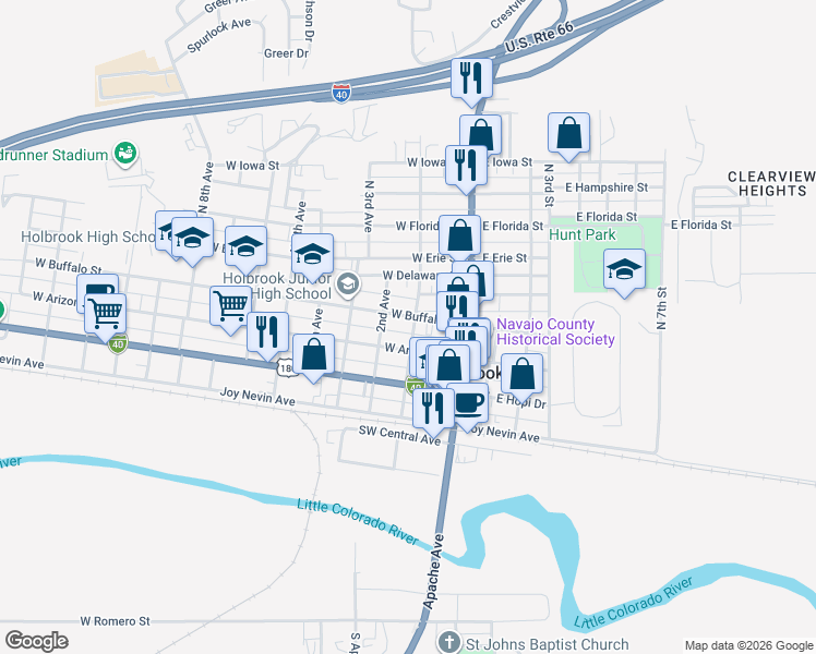 map of restaurants, bars, coffee shops, grocery stores, and more near 360 1st Avenue in Holbrook