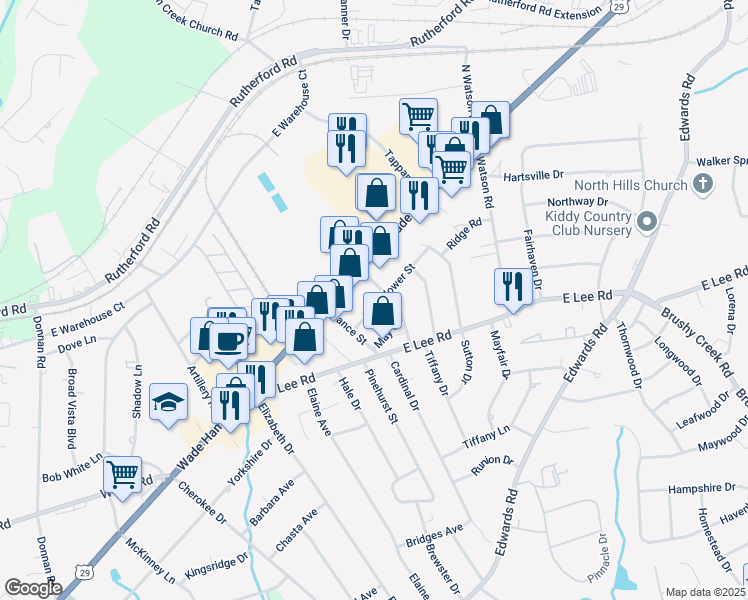 map of restaurants, bars, coffee shops, grocery stores, and more near 13 Mayflower Street in Taylors