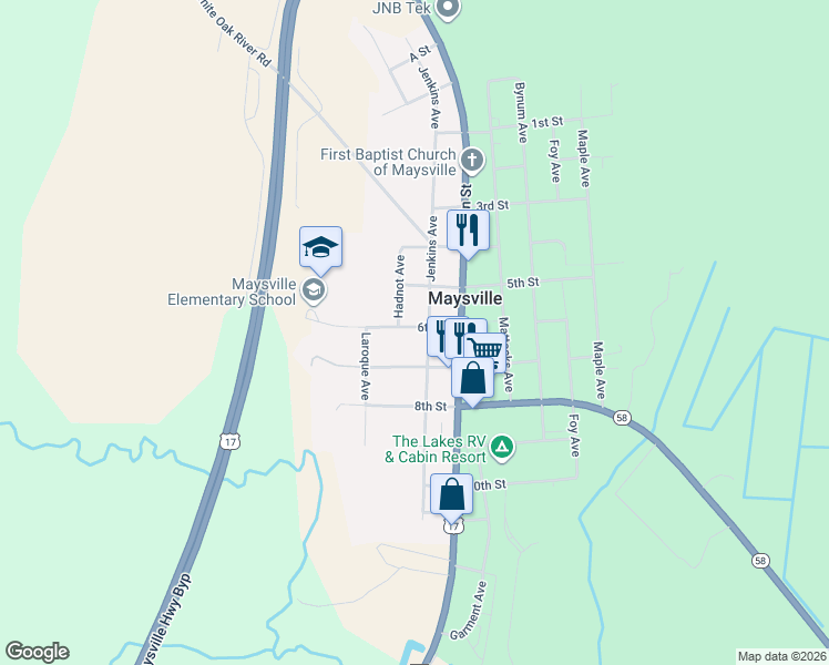 map of restaurants, bars, coffee shops, grocery stores, and more near 703 6th Street in Maysville