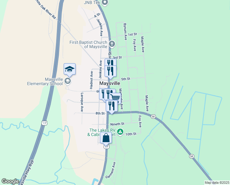 map of restaurants, bars, coffee shops, grocery stores, and more near 602 Mattocks Avenue in Maysville