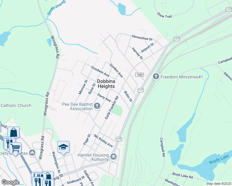 map of restaurants, bars, coffee shops, grocery stores, and more near 250 Earle Franklin Road in Hamlet