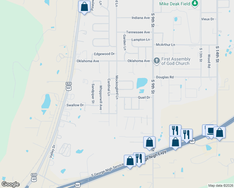 map of restaurants, bars, coffee shops, grocery stores, and more near 1902 Mockingbird Lane in McAlester