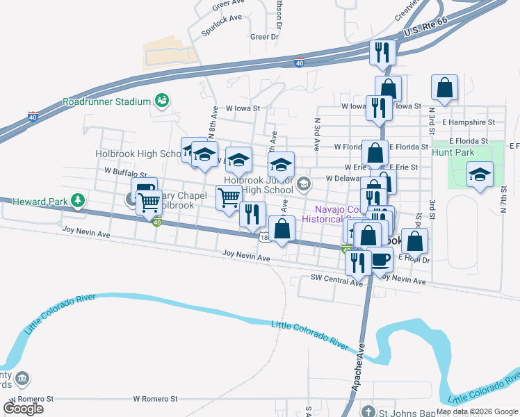 map of restaurants, bars, coffee shops, grocery stores, and more near 305 North 5th Avenue in Holbrook