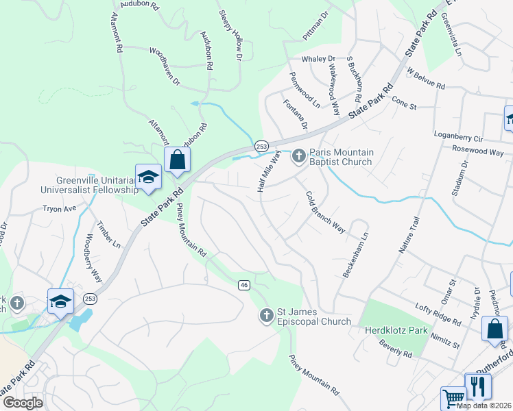map of restaurants, bars, coffee shops, grocery stores, and more near 601 Half Mile Way in Greenville