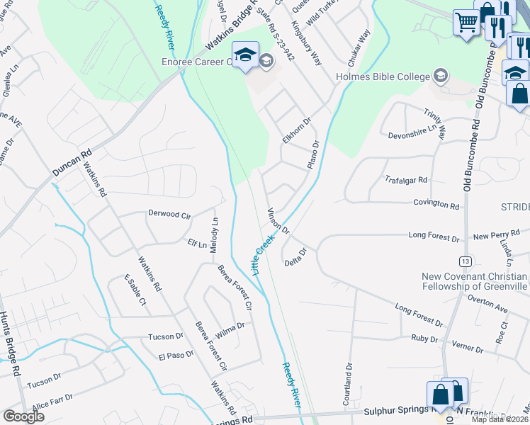 map of restaurants, bars, coffee shops, grocery stores, and more near 301 Vinson Drive in Greenville
