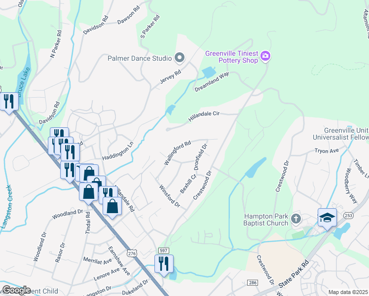 map of restaurants, bars, coffee shops, grocery stores, and more near 110 Wallingford Road in Greenville