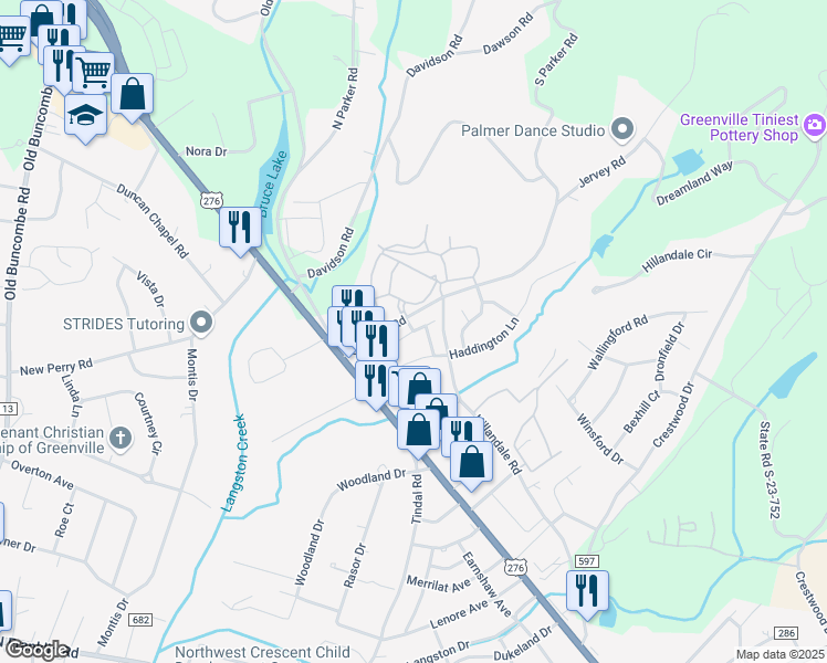 map of restaurants, bars, coffee shops, grocery stores, and more near 105 Champions Point in Greenville