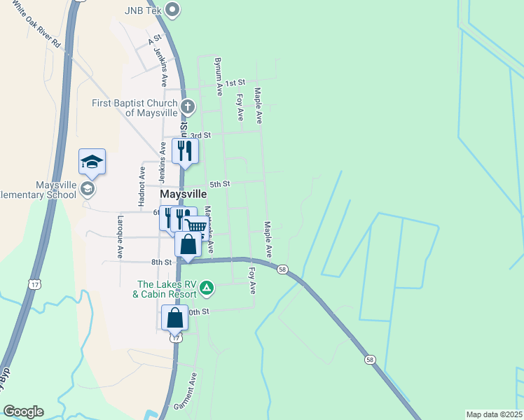 map of restaurants, bars, coffee shops, grocery stores, and more near 602 Maple Avenue in Maysville