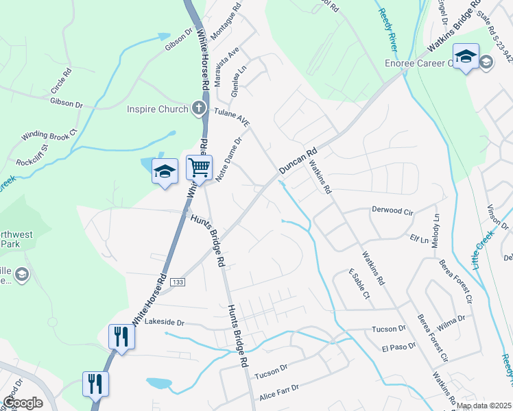 map of restaurants, bars, coffee shops, grocery stores, and more near 120 Duncan Road in Greenville