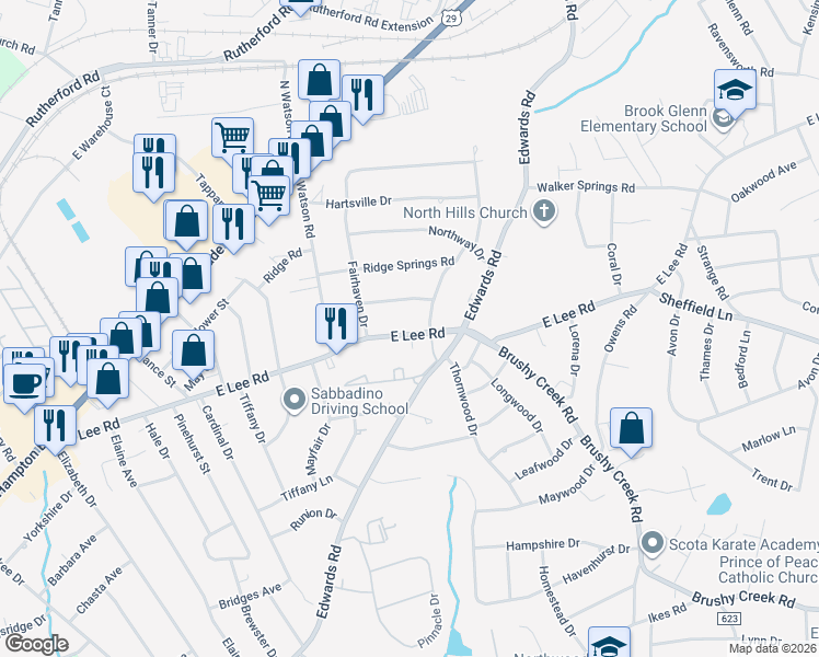 map of restaurants, bars, coffee shops, grocery stores, and more near 1114 East Lee Road in Taylors