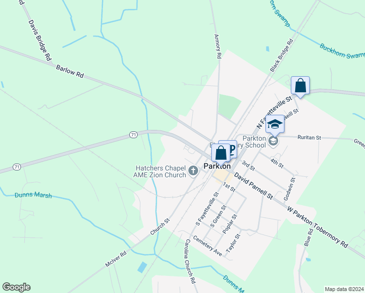 map of restaurants, bars, coffee shops, grocery stores, and more near 204 1st Street in Parkton