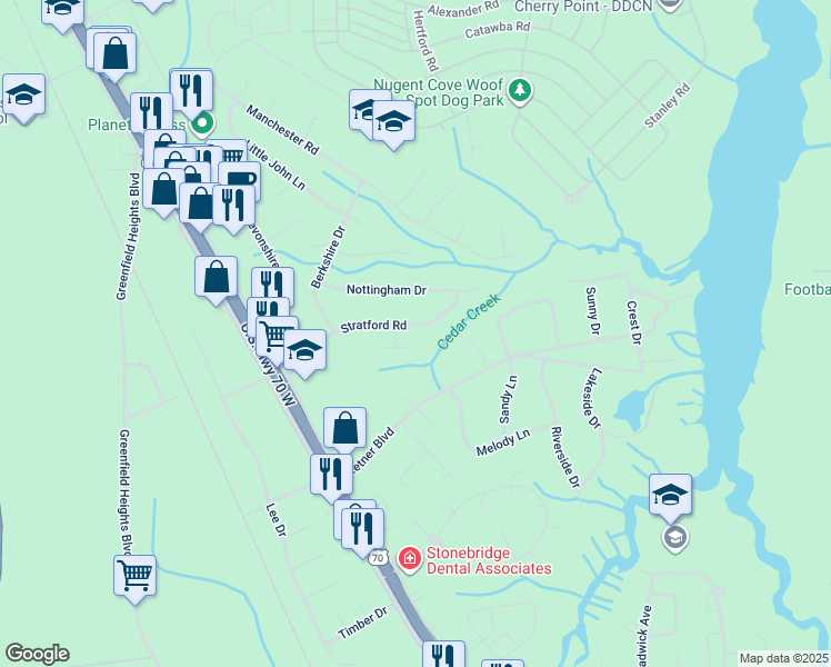 map of restaurants, bars, coffee shops, grocery stores, and more near 202 Stratford Road in Havelock