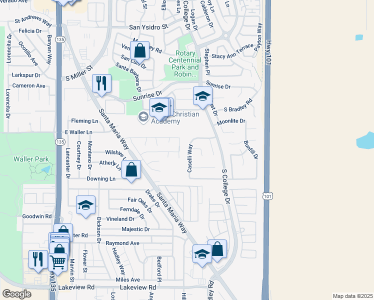 map of restaurants, bars, coffee shops, grocery stores, and more near 3056 Caselli Way in Santa Maria