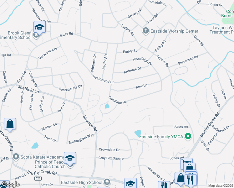 map of restaurants, bars, coffee shops, grocery stores, and more near 507 Creighton Drive in Taylors