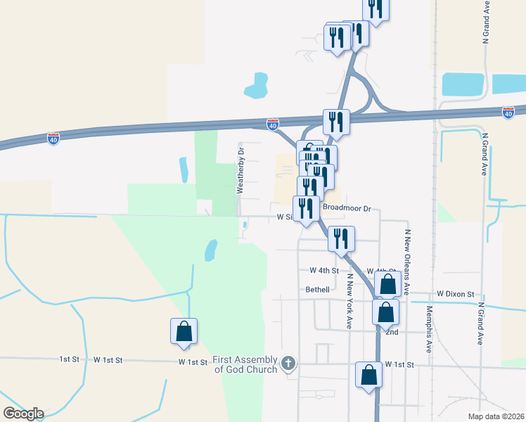 map of restaurants, bars, coffee shops, grocery stores, and more near 700 West Sixth Street in Brinkley