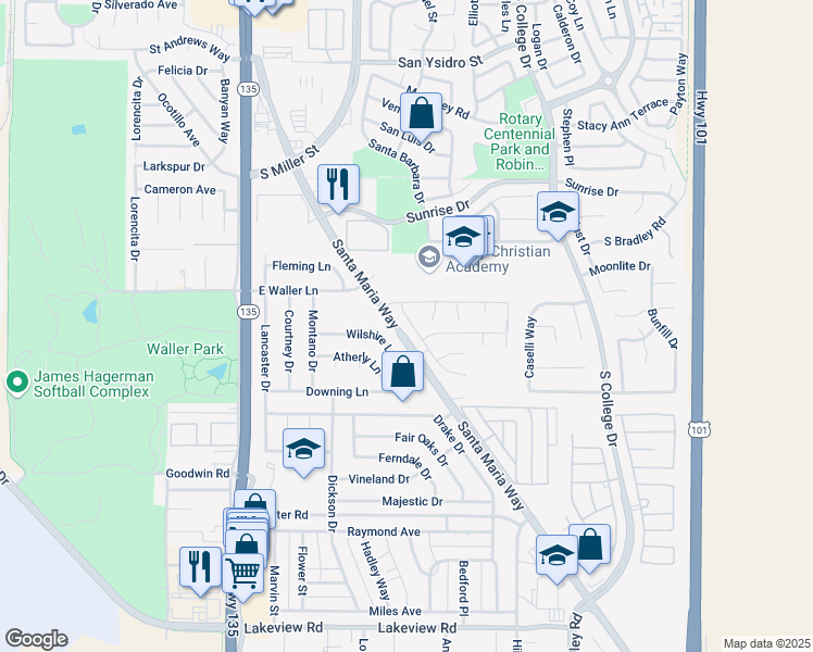 map of restaurants, bars, coffee shops, grocery stores, and more near 2970 Santa Maria Way in Santa Maria