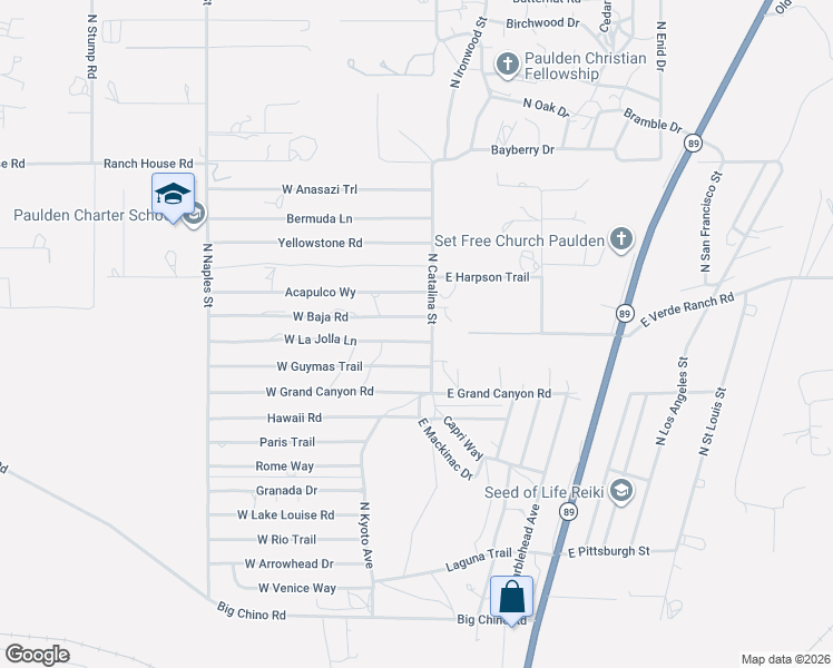 map of restaurants, bars, coffee shops, grocery stores, and more near 54 West Baja Road in Paulden