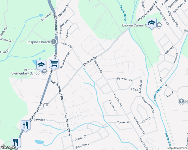 map of restaurants, bars, coffee shops, grocery stores, and more near 538 Duncan Road in Greenville