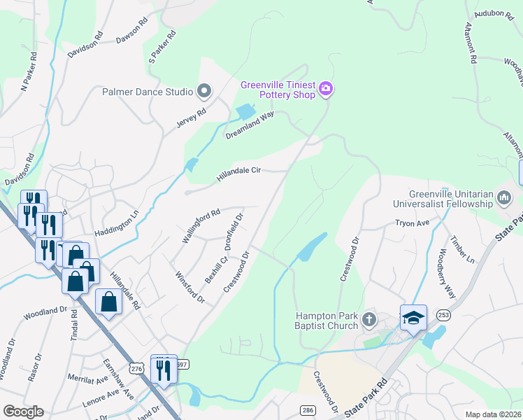 map of restaurants, bars, coffee shops, grocery stores, and more near 203 Wallingford Road in Greenville