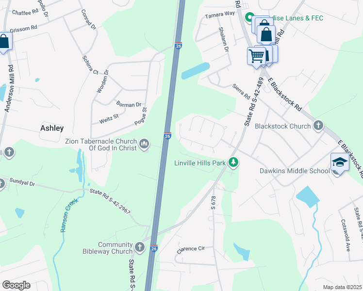 map of restaurants, bars, coffee shops, grocery stores, and more near 113 Peony Place in Moore