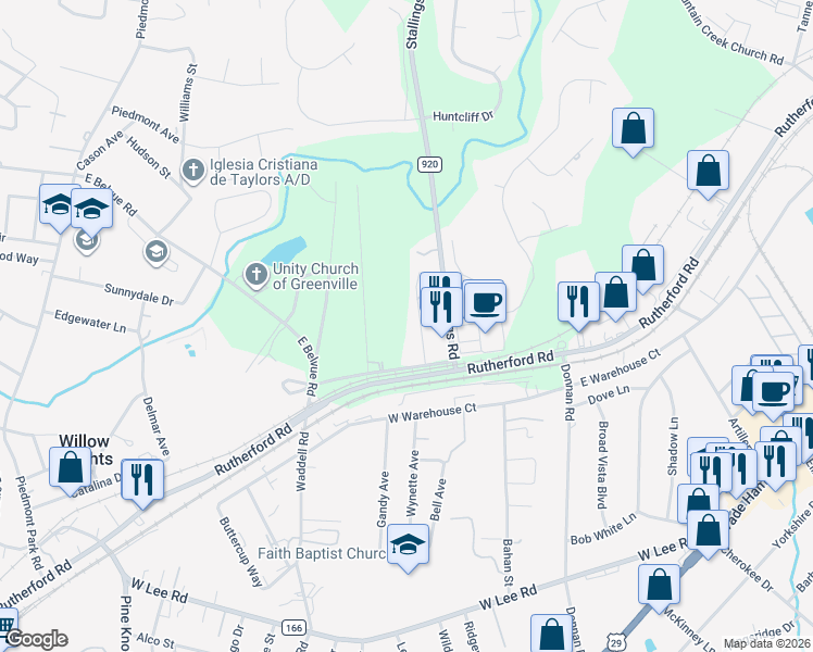 map of restaurants, bars, coffee shops, grocery stores, and more near 1304 County Road 920 in Taylors