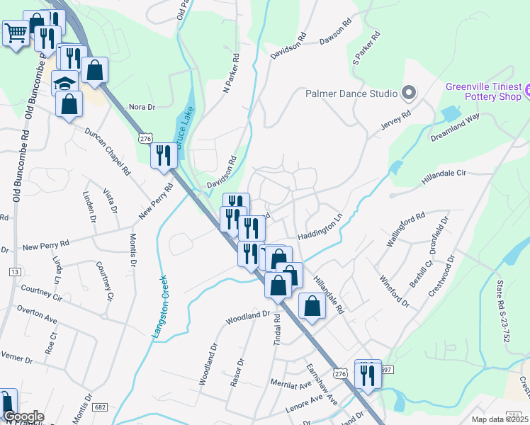 map of restaurants, bars, coffee shops, grocery stores, and more near 101 Enclave Paris Drive in Greenville