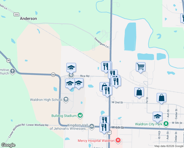 map of restaurants, bars, coffee shops, grocery stores, and more near 1792 Rice Road in Waldron