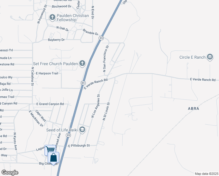 map of restaurants, bars, coffee shops, grocery stores, and more near 24625 North Los Angeles Street in Paulden