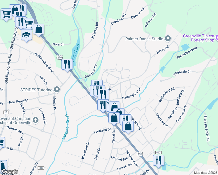 map of restaurants, bars, coffee shops, grocery stores, and more near 101 Enclave Paris Drive in Greenville