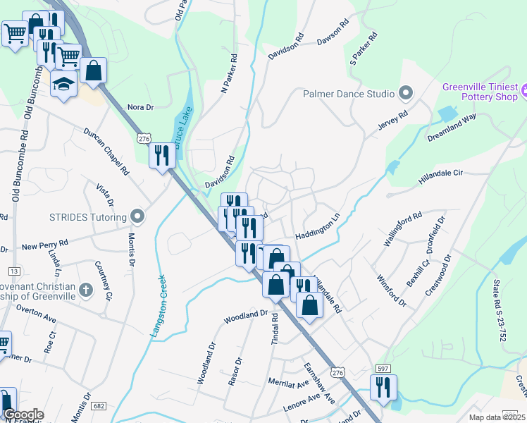 map of restaurants, bars, coffee shops, grocery stores, and more near Enclave Paris Drive in Greenville