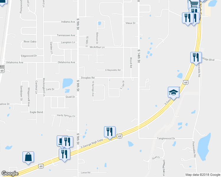 map of restaurants, bars, coffee shops, grocery stores, and more near 1201 Rosewood Drive in McAlester
