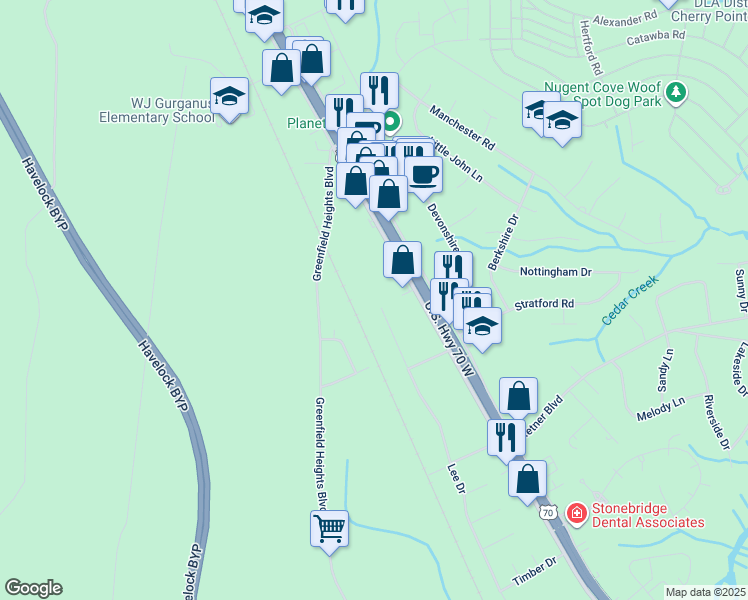 map of restaurants, bars, coffee shops, grocery stores, and more near 721 Lee Drive in Havelock