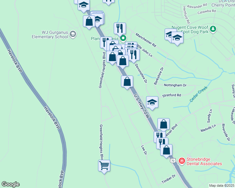 map of restaurants, bars, coffee shops, grocery stores, and more near 721 Lee Drive in Havelock