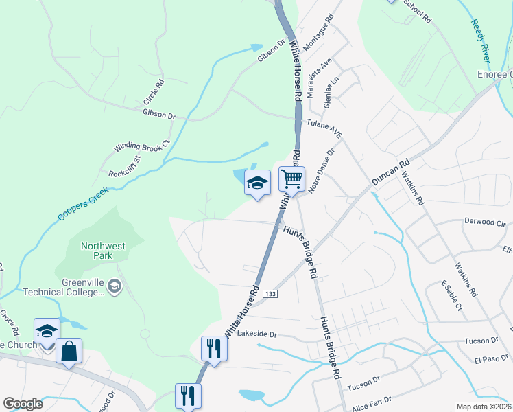 map of restaurants, bars, coffee shops, grocery stores, and more near 8601 White Horse Road in Greenville